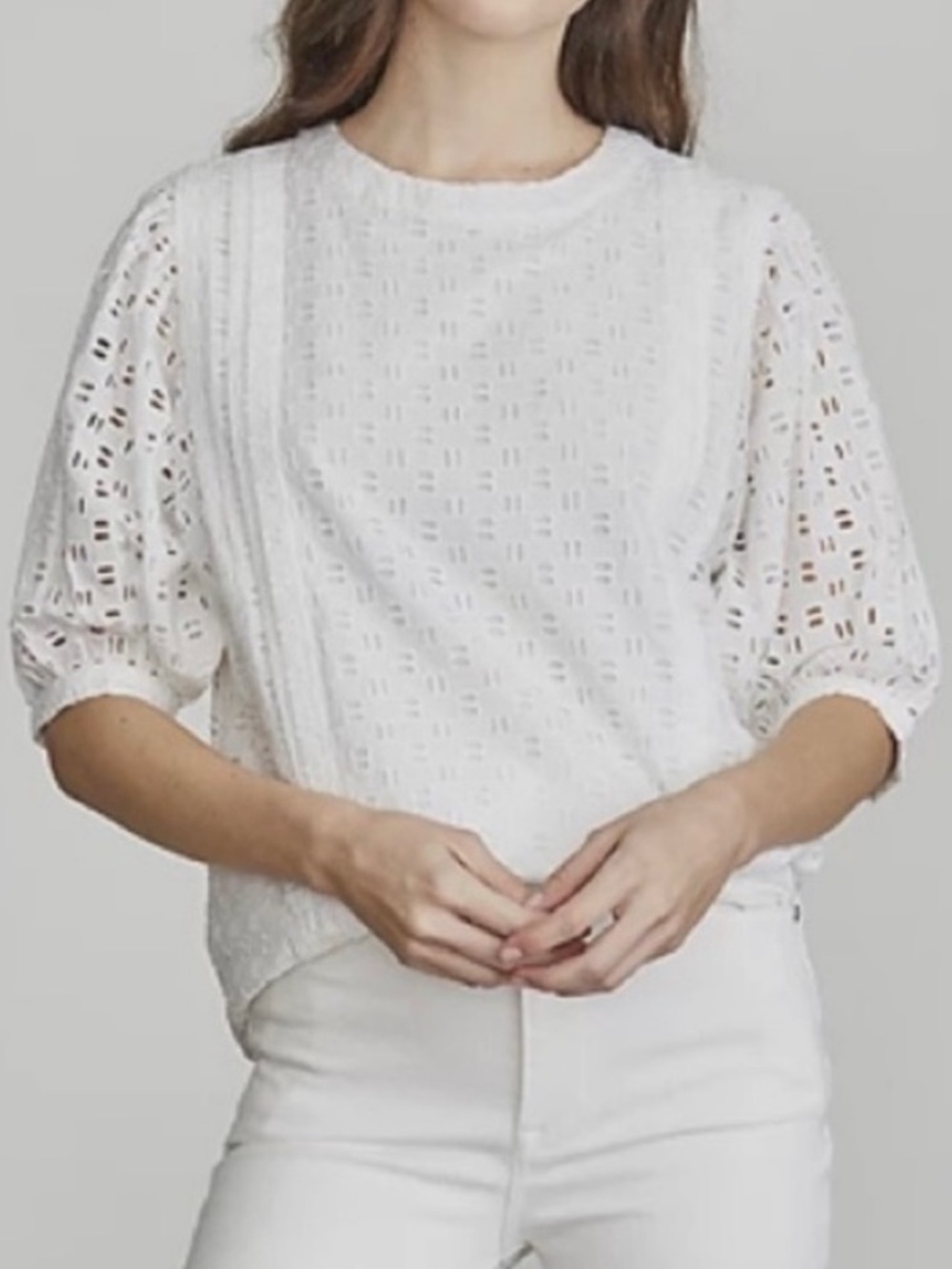 Elizabeth and James White Eyelet Puff Sleeve Blouse Size L